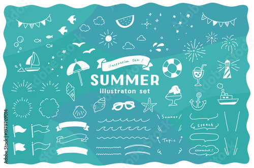 手書きの夏・海のイラストセット　ビーチ　スイカ　花火　フレーム　吹き出し　マリン　波　リボン　ヨット