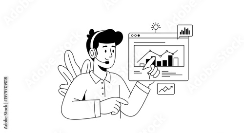 Friendly male customer service representative wearing a headset, pointing at a digital dashboard displaying financial charts, bar graphs, and upward trend arrows, representing