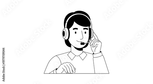 Friendly male customer service representative wearing headset, smiling, touching earpiece, seated at desk, professional communication, support center employee, clean line art