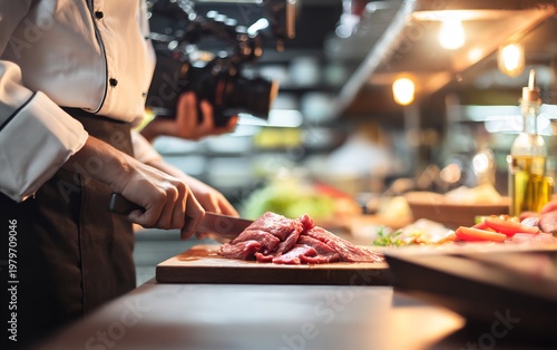 Over shoulder view of chef working kitchen counter preparing food slicing raw beef into thin strip board professional kitchen setting camera behind subject no face visible warm lighting realistic
