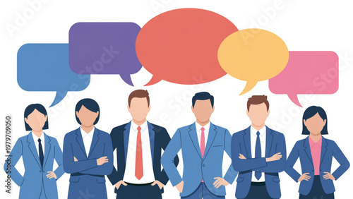 Professional team engaging in collaborative discussion with speech bubbles Vector