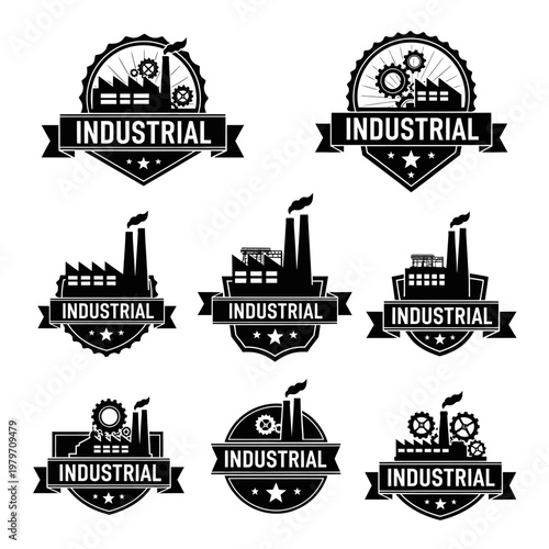 Industrial factory and manufacturing plant emblems and logos set.