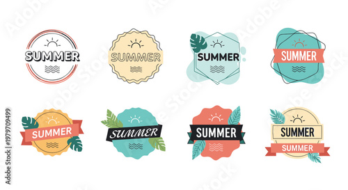 Summer labels, badges, and stickers, colorful seasonal icons, vector graphics, web design elements