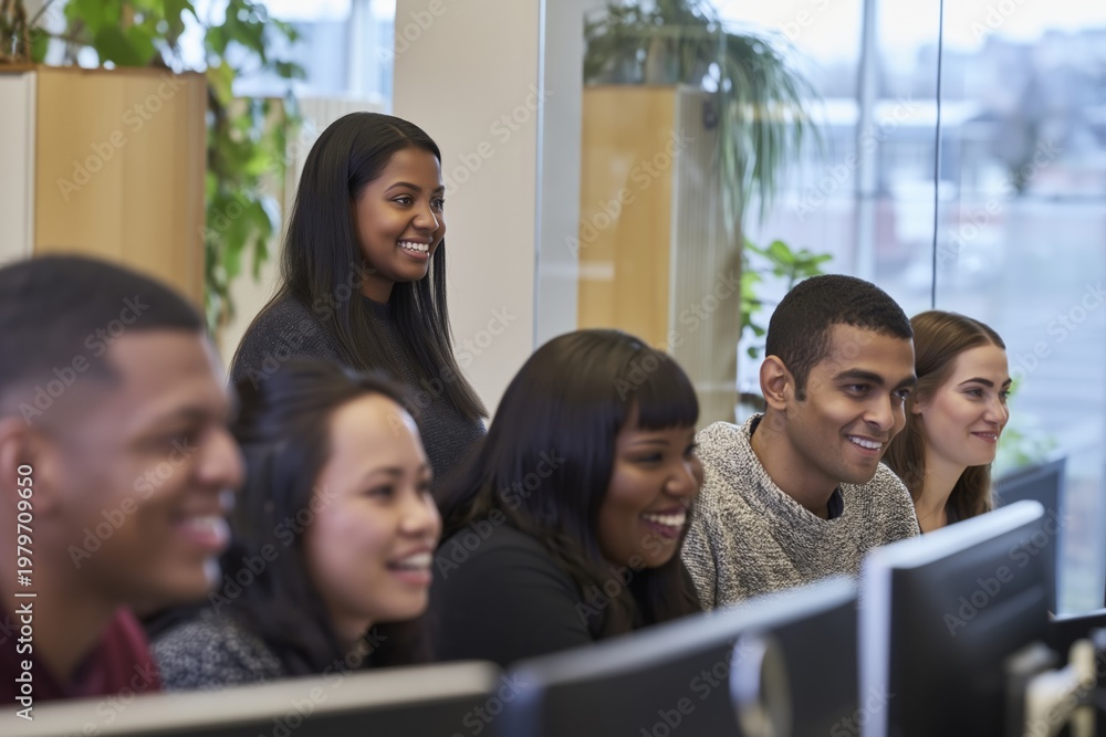 Obraz premium Young professionals working at computers smiling in modern office collaborative workspace environment together