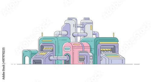 Colorful Futuristic Machines Sideways View.