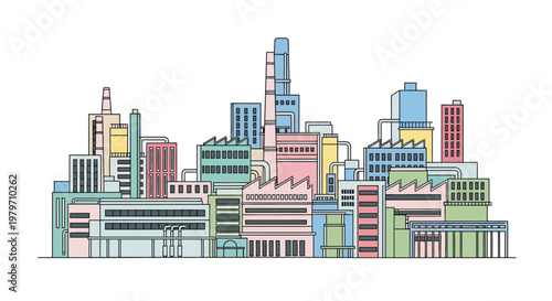 City Skyline with Colorful Buildings Downtown.