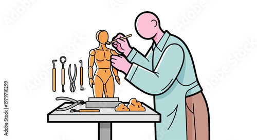 Man working on wooden mannequin figure.