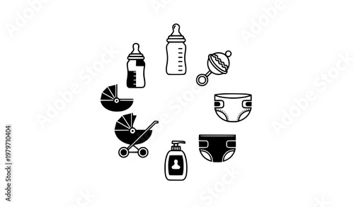Minimal black and white baby tools circle vector illustration with infant care essentials layout