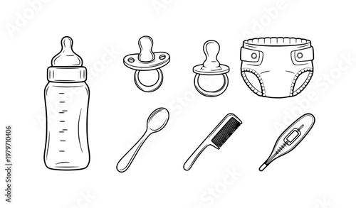 Black and white baby care tools vector set with infant accessories and essential items collection