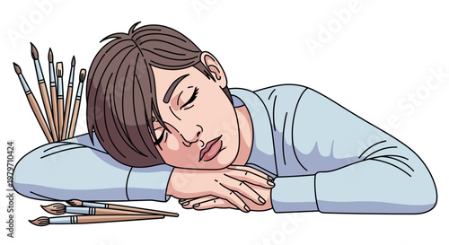 Woman Sleeping Next to Paint Brushes.