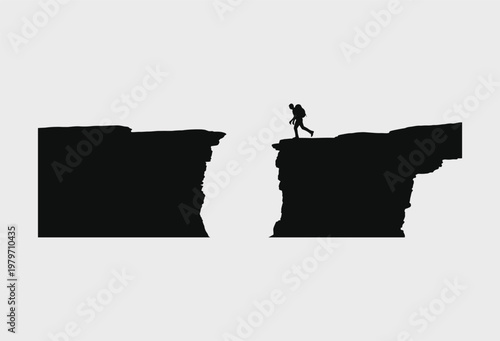 A silhouette of a hiker with a backpack standing and using a mobile phone against white background