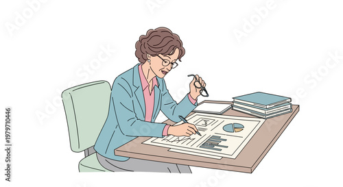 Woman working at desk with papers.