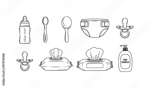 Black and white baby tools collection vector set with infant care products and accessories catalog style