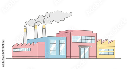 Industrial Factory Building With Smoking Pipes.