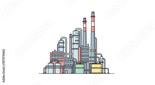 Industrial factory complex with smokestacks.