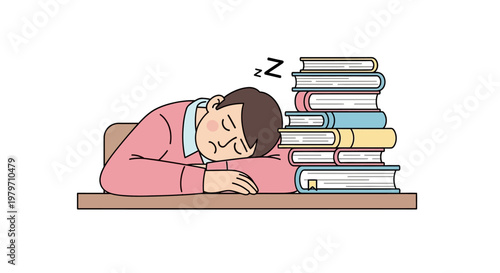 Tired student sleeping at desk with books.