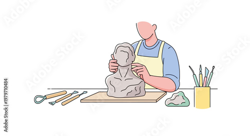 Man working on clay sculpture bust.