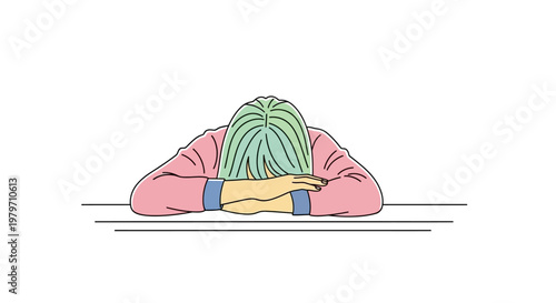 Woman with green hair covering face.