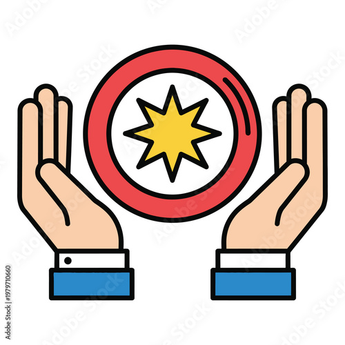 Hands shielding a star symbol with red circle protection icon