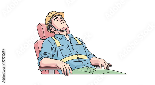 Man wearing safety harness sitting down.