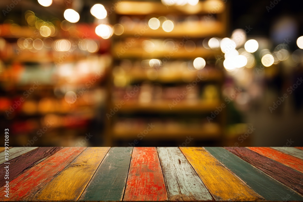 © Khawla - Vibrant Striped Wooden Table with Festive Bokeh Background. Image of wooden table in front and abstract blurred bright cinco de mayo background