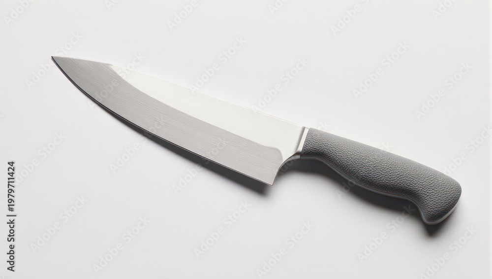 Obraz premium Sharp Kitchen Knife with Gray Handle on White Background.