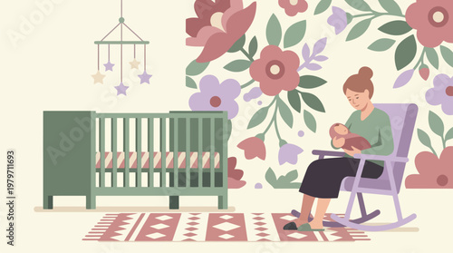 Mother nursing baby in a floral nursery with crib and hanging mobile