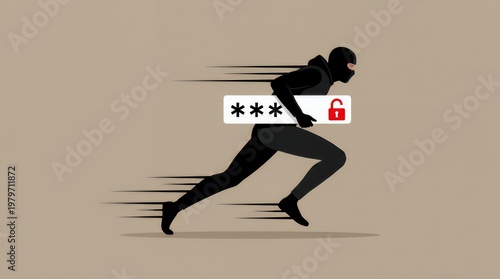 Running Cyber Burglar with Asterisk Password and Red Open Padlock Icon Vector