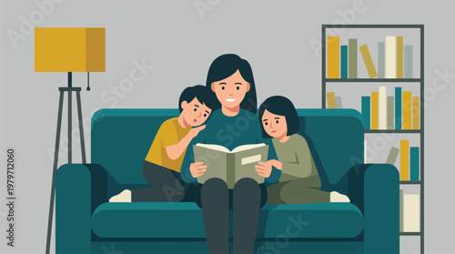 Family Reading Session on Sofa with Book