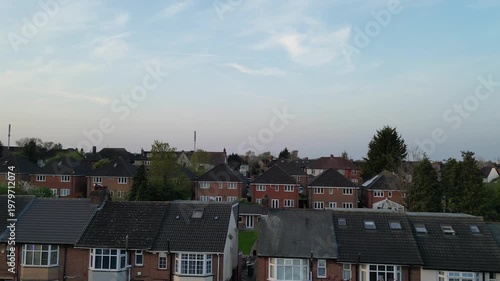 Urban Drone Flight Above Streets of British City and Town of England Great Britain. Drone Mounted Wide Angle Camera Footage Was Captured During Cold Day of 8th April, 2026. 