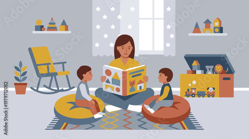 Mother reading a children’s book to two kids in a cozy living room