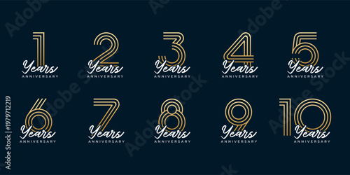 Set of vector logo designs for 1st to 10th anniversary, in gold color for celebrations, weddings and birthday