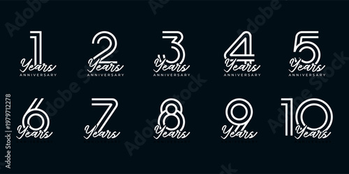 Set of vector logo designs for 1st to 10th anniversary, in white color for celebrations, weddings and birthday