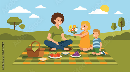 Family having picnic on a checkered blanket in sunny park