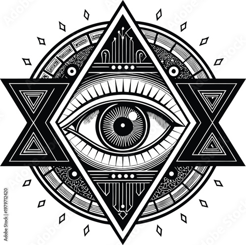 An all-seeing eye within a geometric pattern and star design symbol