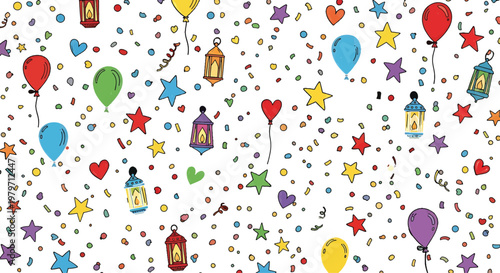 Balloons and lanterns float across a festive background filled with colorful confetti and scattered star shapes.