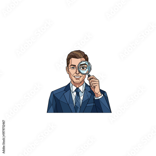 Businessman looking through magnifying glass.