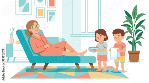 Pregnant woman resting on couch with two children offering bowl and drawing tablet in living room