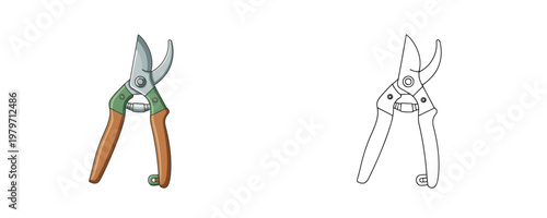 Professional gardening secateurs in cartoon and line art style with green handles and brown grips represents essential equipment for pruning plants on white background