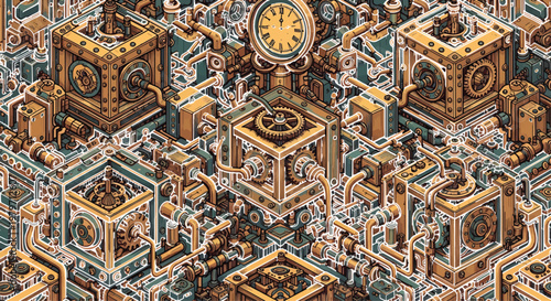 Clockwork mechanism features an intricate network of brass gears, steam pipes, and interconnected machinery arranged in an isometric pattern.
