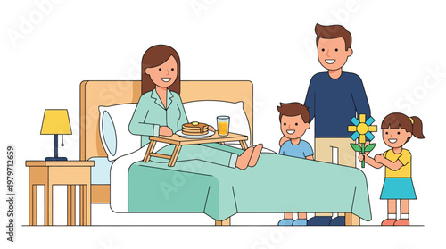 Family in Bedroom with Breakfast Tray on Bed