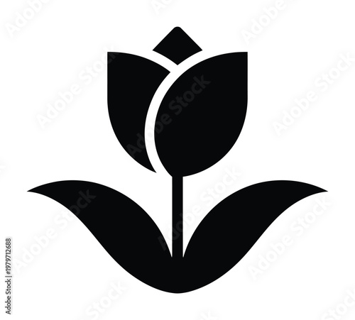 Black and white silhouette of a tulip flower with two leaves