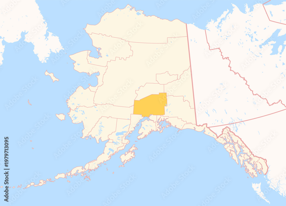Fototapeta premium Map of the County Matanuska-Susitna (Alaska, US) showing the Federal State with the highlighted County