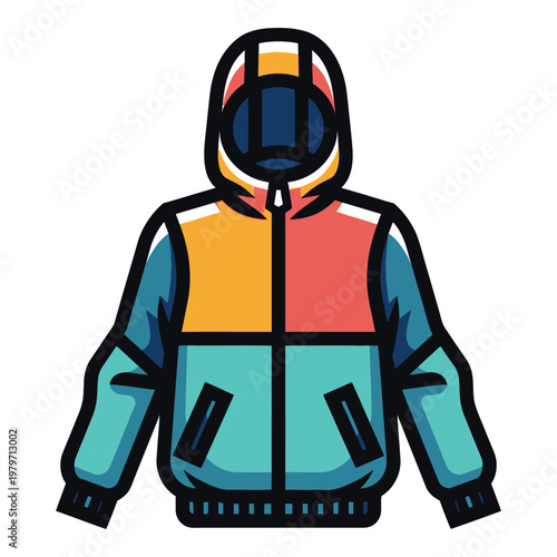 Colorful hooded jacket with zipper pockets and hood up icon