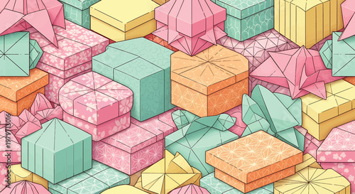 Gift boxes wrapped in colorful paper with origami folds create a festive and cheerful pattern.