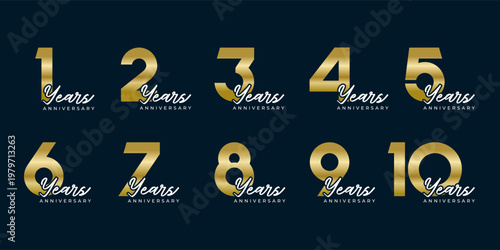 Set of vector logo designs for 1st to 10th anniversary, in gold color for celebrations, weddings and birthday