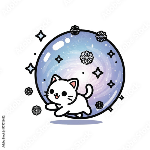 White Cat Inside Snow Globe.