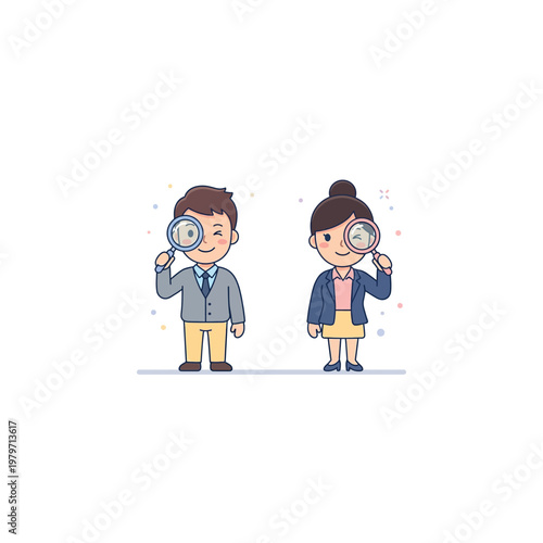 Two cartoon children with magnifying glasses.