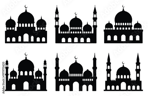 Collection of Islamic Mosque Silhouettes with Domes and Minarets