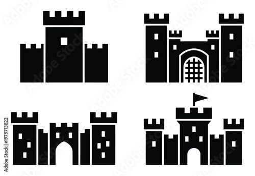 Collection of stylized black castle with crenellated towers and gates
